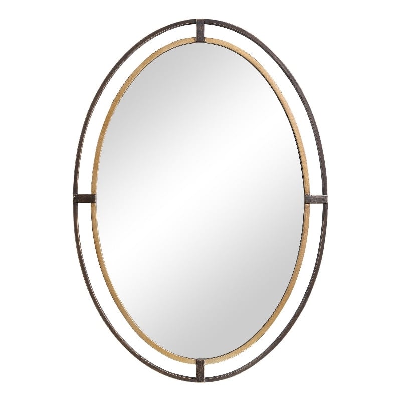 Benjara Sleek Open Double Metal Frame Oval Mirror- Rustic Bronze