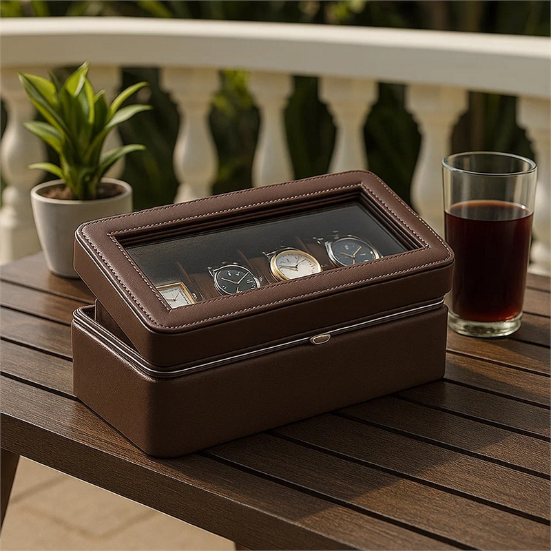 Benjara Watch Case with 4 Slots and Removable Cushions- Brown