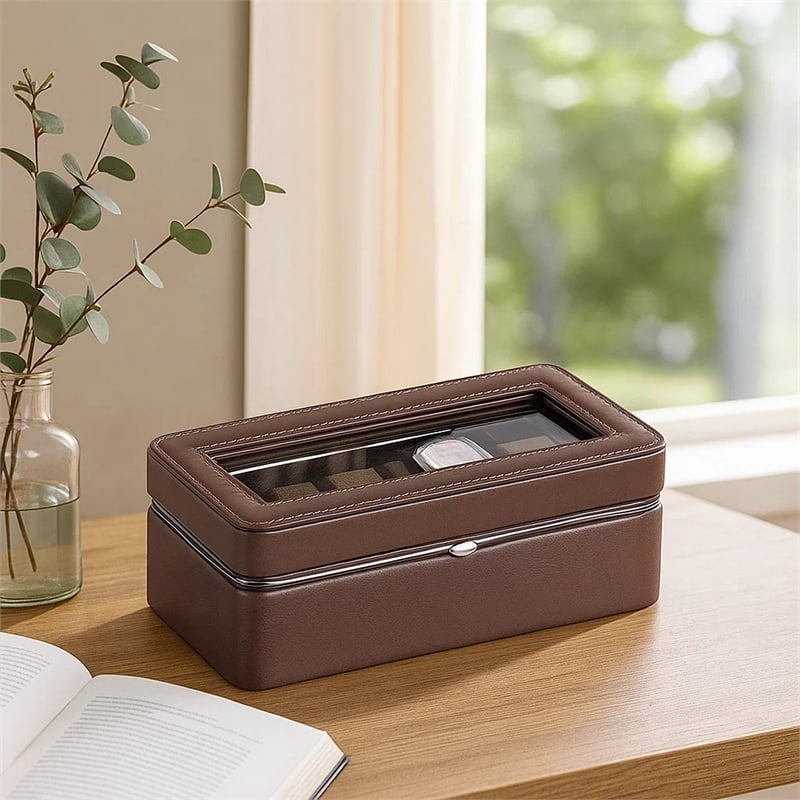 Benjara Watch Case with 4 Slots and Removable Cushions- Brown