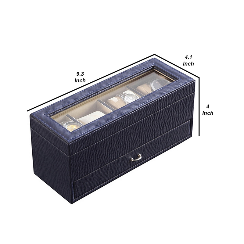 Benjara Watch Case with Drawer Display and 4 Slots- Blue