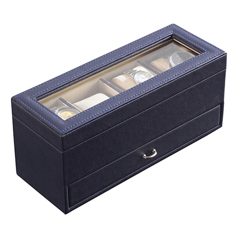 Benjara Watch Case with Drawer Display and 4 Slots- Blue