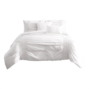 Benjara 4 Piece Twin Comforter Set with Ruching Details- White