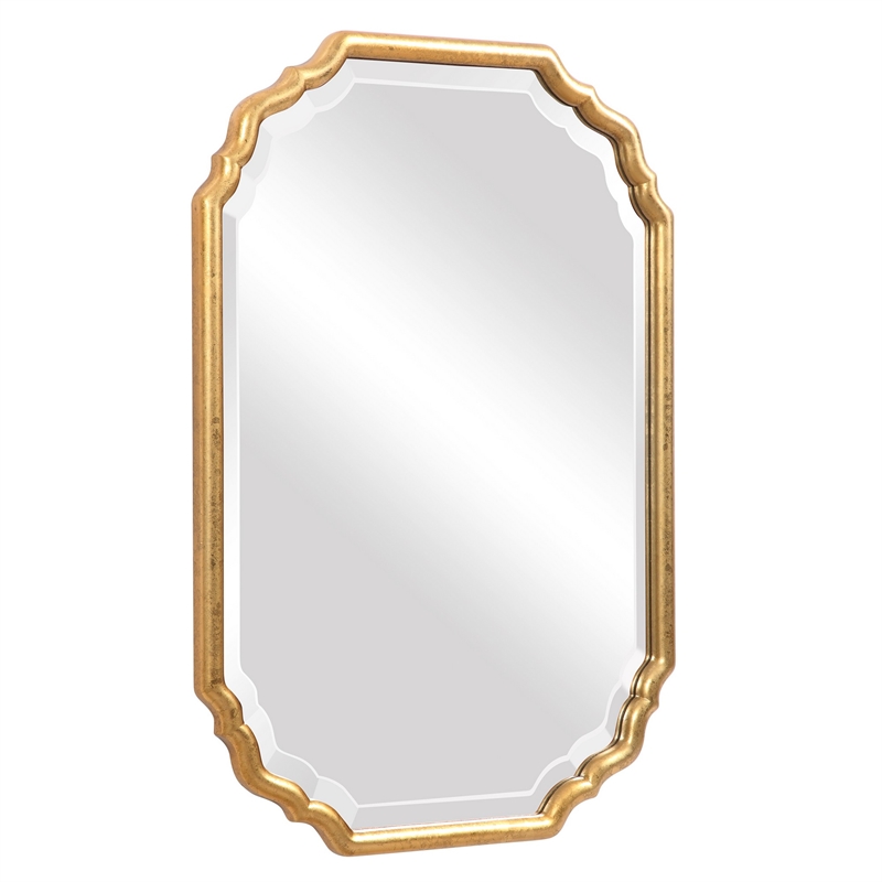 Benjara 32 Inches Curved Design Wooden Vanity Mirror- Gold