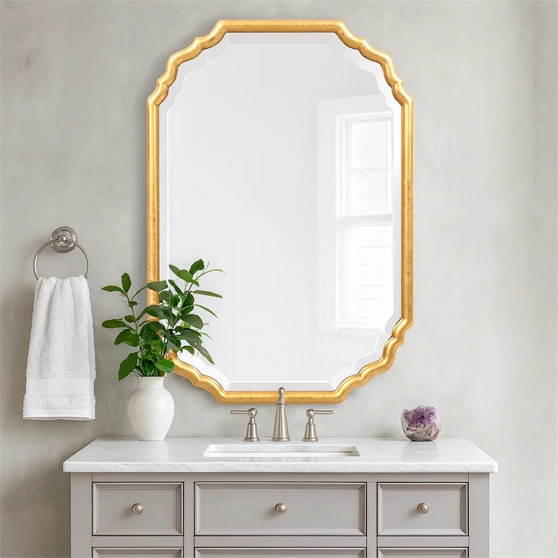 Benjara 32 Inches Curved Design Wooden Vanity Mirror- Gold