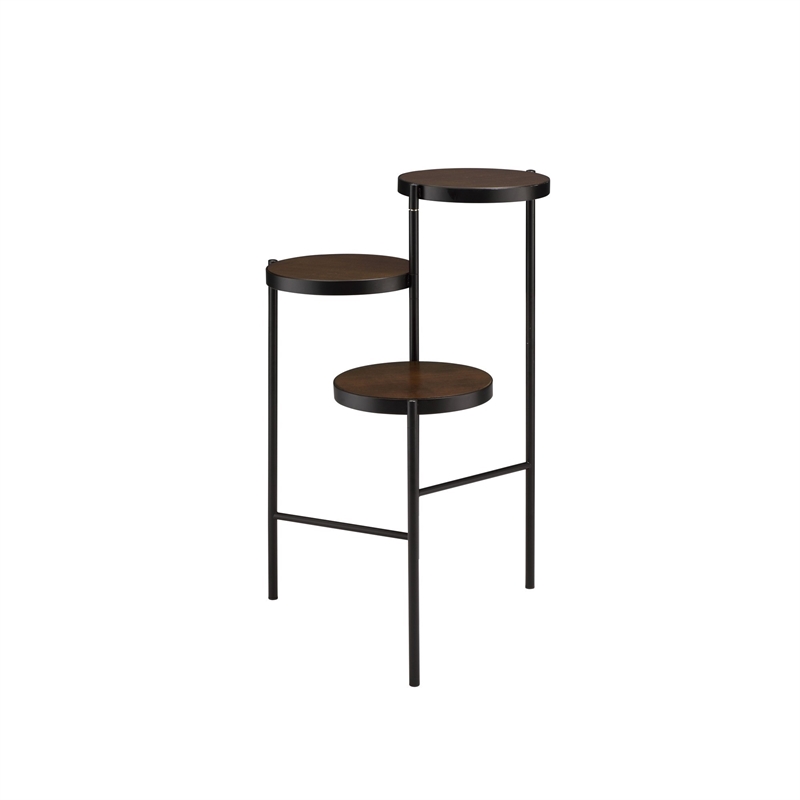Benjara 3 Tier Plant Stand with Round Wooden Shelves and Foldable Design- Black