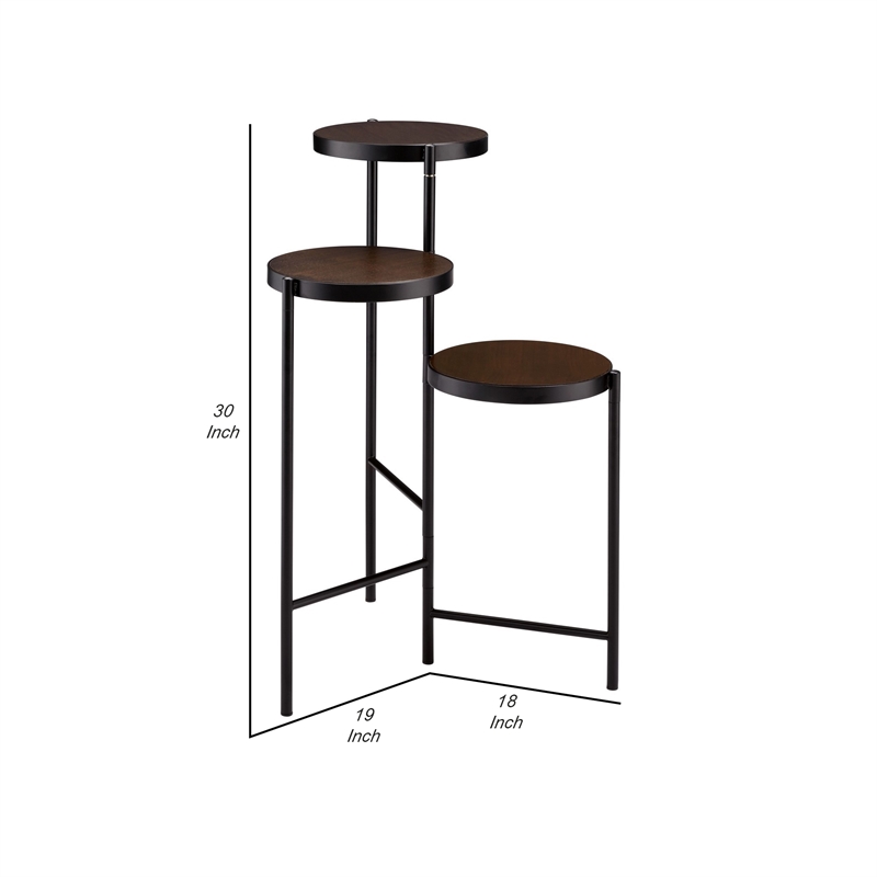Benjara 3 Tier Plant Stand with Round Wooden Shelves and Foldable Design- Black
