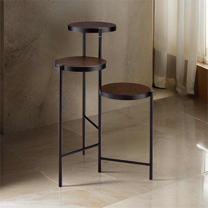 Benjara 3 Tier Plant Stand with Round Wooden Shelves and Foldable Design- Black