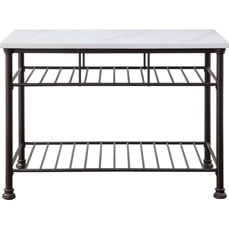 Benjara Kitchen Island with Artificial Marble Top and 2 Slatted Shelf- White