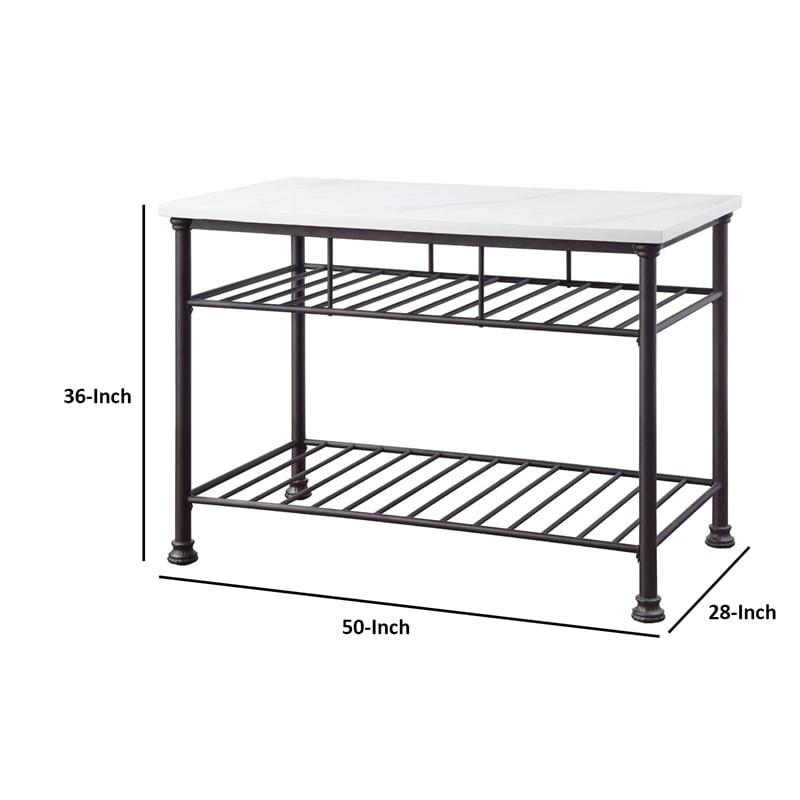 Benjara Kitchen Island with Artificial Marble Top and 2 Slatted Shelf- White
