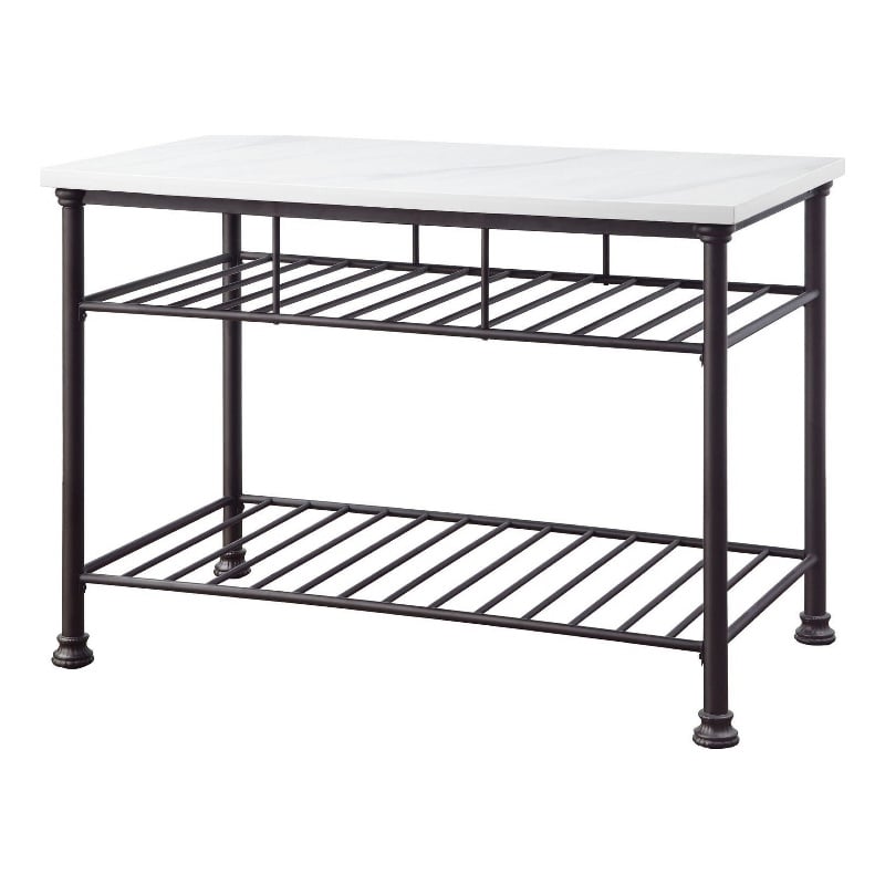Benjara Kitchen Island with Artificial Marble Top and 2 Slatted Shelf- White