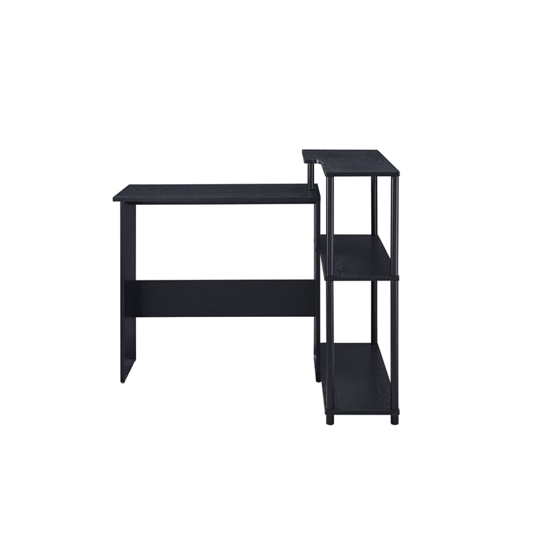 Benjara Writing Desk with L Shaped Design and 3 Tier Wooden Shelves- Black