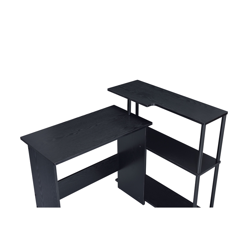Benjara Writing Desk with L Shaped Design and 3 Tier Wooden Shelves- Black