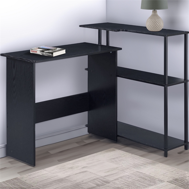 Benjara Writing Desk with L Shaped Design and 3 Tier Wooden Shelves- Black