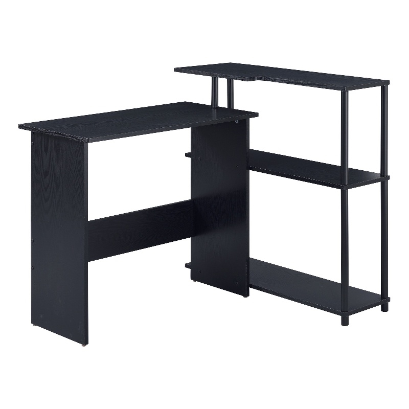 Benjara Writing Desk with L Shaped Design and 3 Tier Wooden Shelves- Black