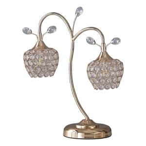 Benjara Floral Tree Design Metal Table Lamp with Dome Shade and Crystals- Gold