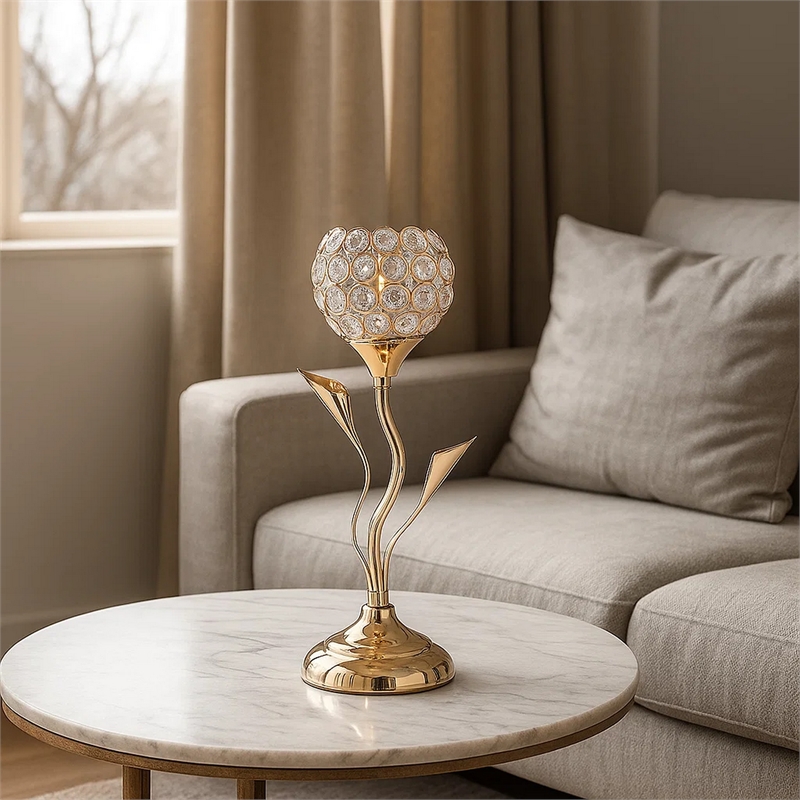 Benjara Metal Table Lamp with Floral Shade and Acrylic Crystals- Gold