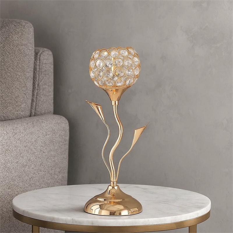 Benjara Metal Table Lamp with Floral Shade and Acrylic Crystals- Gold