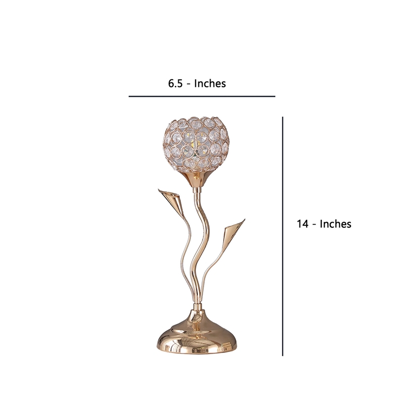 Benjara Metal Table Lamp with Floral Shade and Acrylic Crystals- Gold