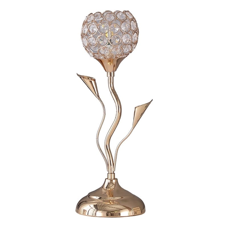 Benjara Metal Table Lamp with Floral Shade and Acrylic Crystals- Gold