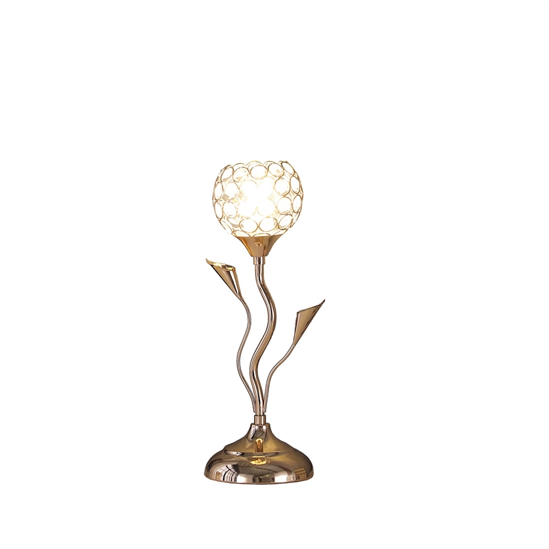 Benjara Metal Table Lamp with Floral Shade and Acrylic Crystals- Gold