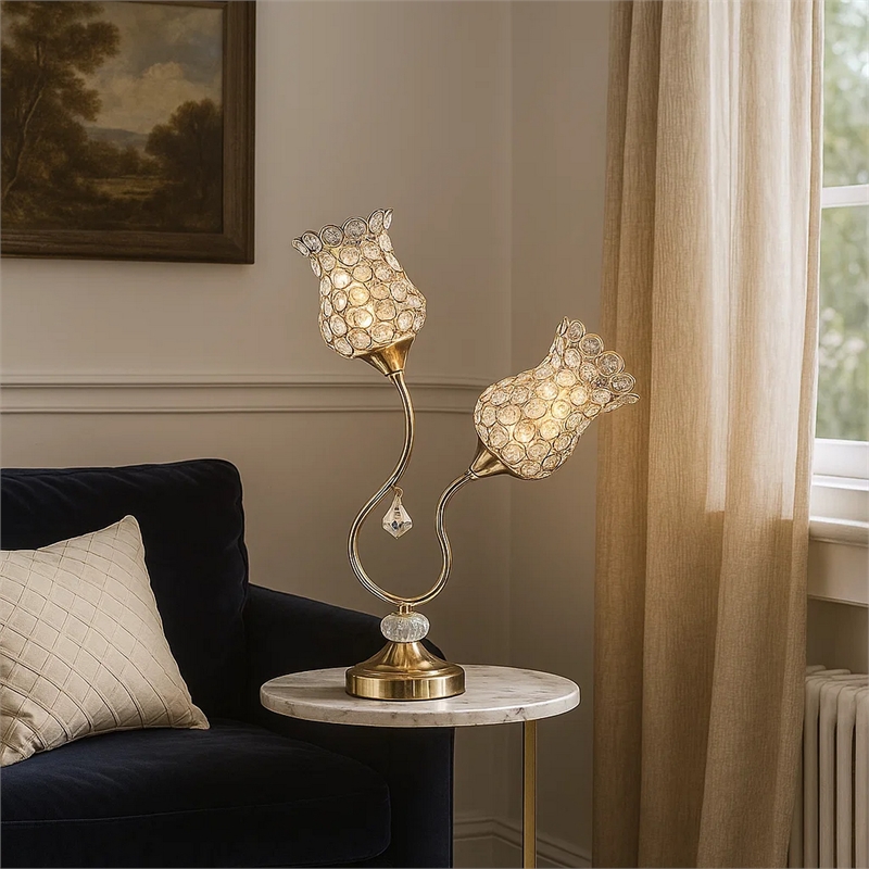 Benjara Metal Table Lamp with Floral Trumpet Shade and Crystal Accents- Gold