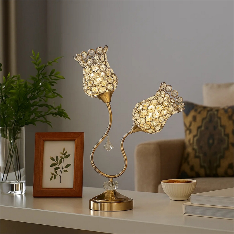 Benjara Metal Table Lamp with Floral Trumpet Shade and Crystal Accents- Gold