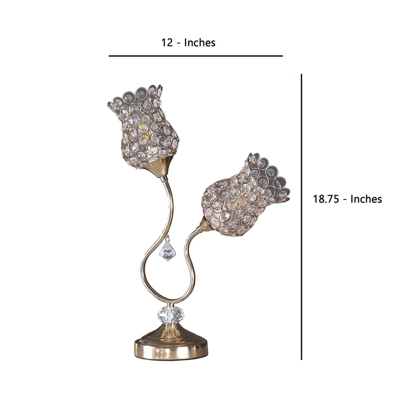 Benjara Metal Table Lamp with Floral Trumpet Shade and Crystal Accents- Gold