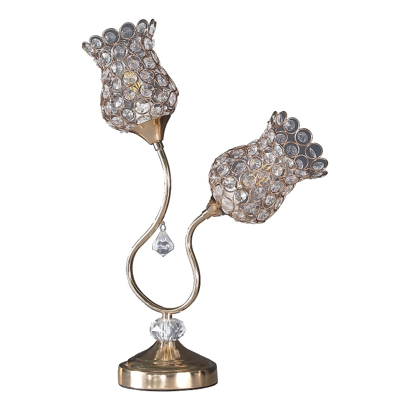 Benjara Metal Table Lamp with Floral Trumpet Shade and Crystal Accents- Gold