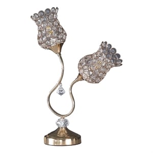 Benjara Metal Table Lamp with Floral Trumpet Shade and Crystal Accents- Gold