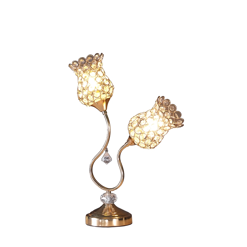 Benjara Metal Table Lamp with Floral Trumpet Shade and Crystal Accents- Gold