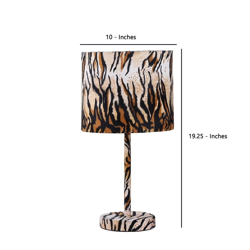Benjara Fabric Wrapped Table Lamp with Striped Animal Print- Brown and Black