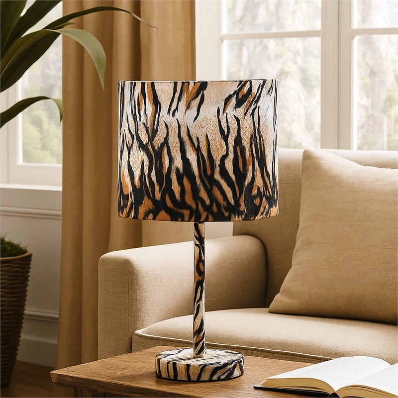 Benjara Fabric Wrapped Table Lamp with Striped Animal Print- Brown and Black