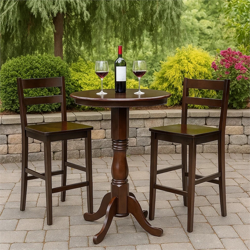 Benjara Round Wooden Pub Table with Turned Pedestal Base- Brown