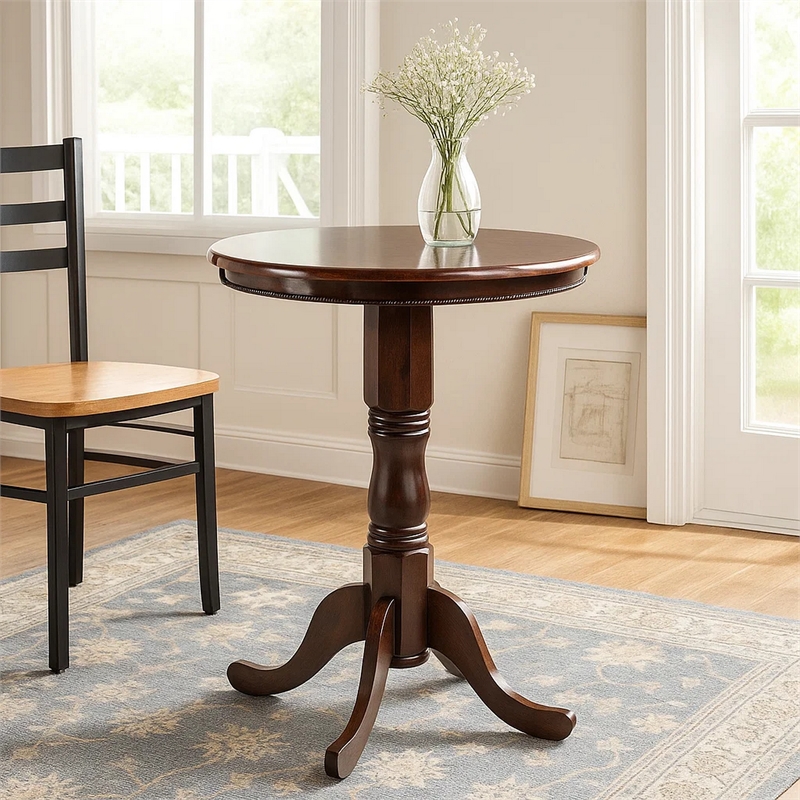Benjara Round Wooden Pub Table with Turned Pedestal Base- Brown