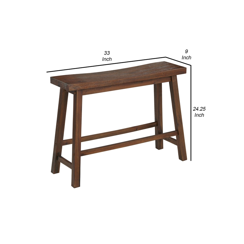 Benjara Saddle Design Wooden Bench with Grain Details- Brown