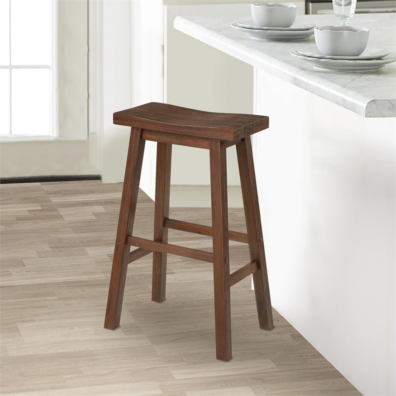 Benjara Saddle Design Wooden Barstool with Grain Details- Brown