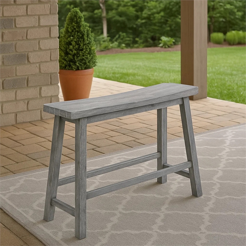 Benjara Saddle Design Wooden Bench with Grain Details- Gray