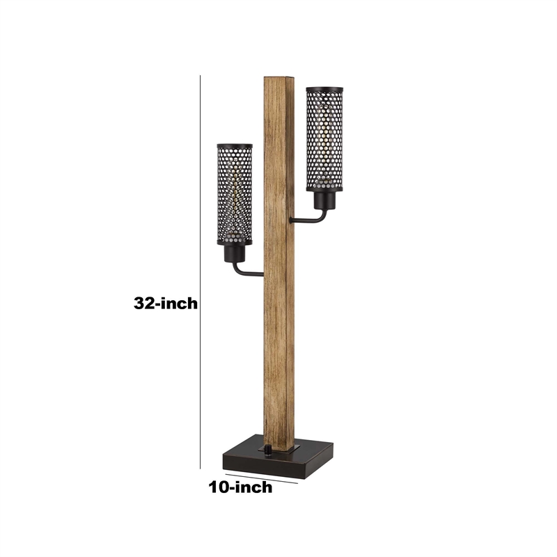 Benjara Wooden Table Lamp with 2 Metal Mesh Shades- Brown and Black
