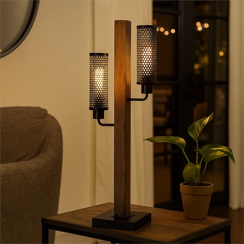 Benjara Wooden Table Lamp with 2 Metal Mesh Shades- Brown and Black