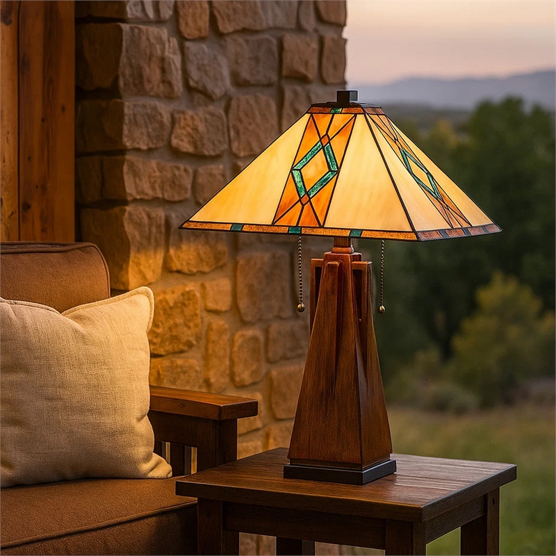 Benjara Table Lamp with Shade and Geometric Design- Multicolor