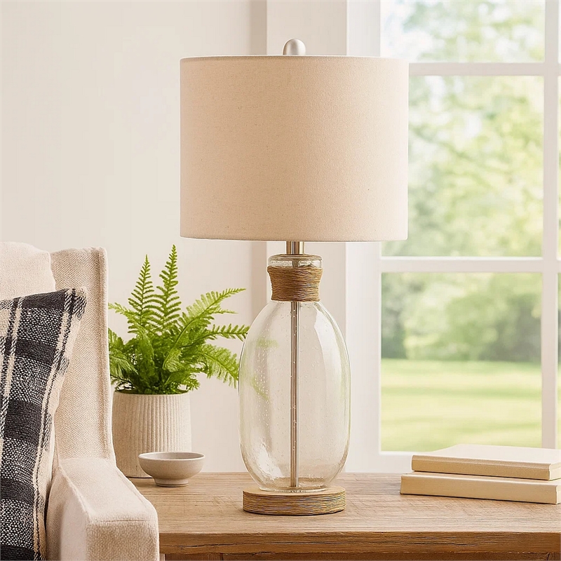 Benjara Table Lamp with Bubble Glass Body and Rope Accent- Beige