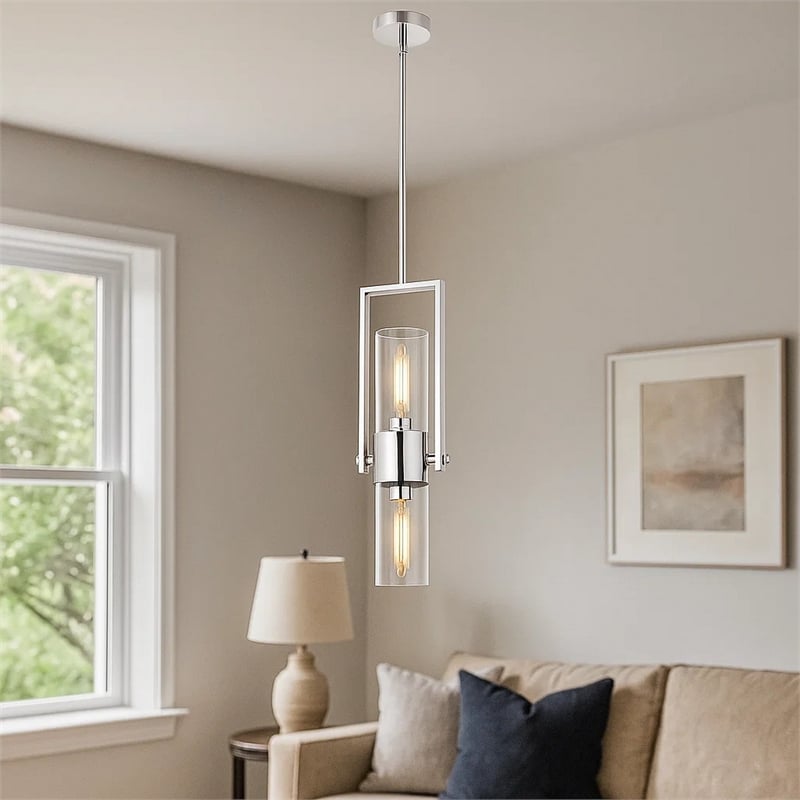 Benjara Pendant with Cylindrical Rotatable Glass Shade- Chrome