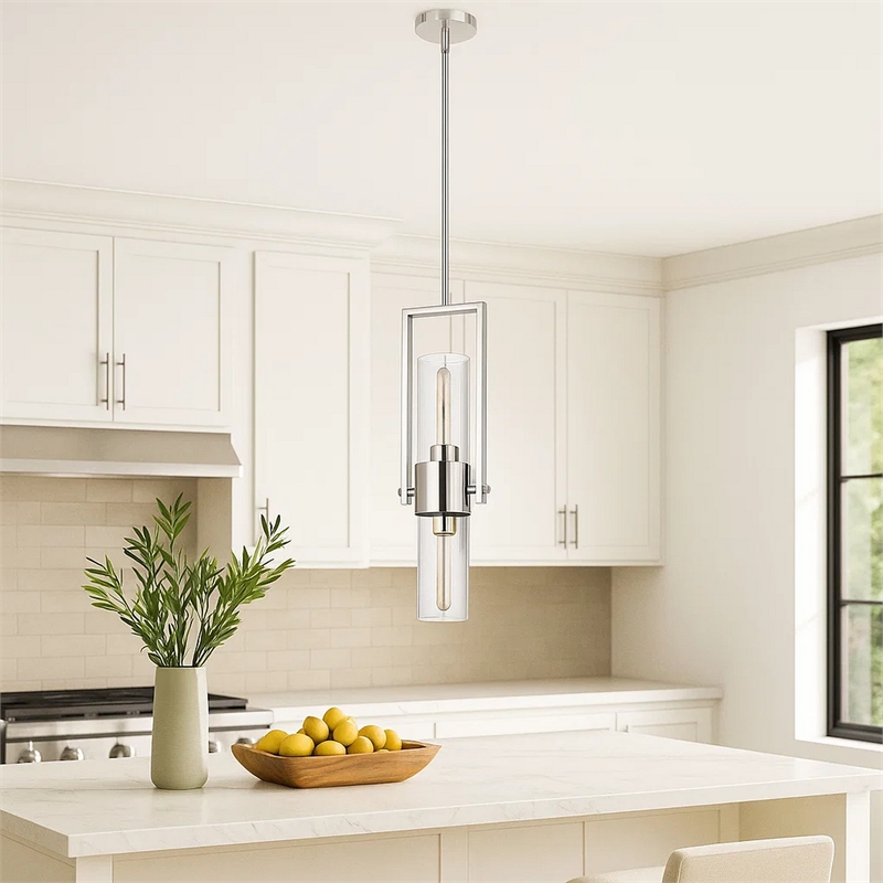 Benjara Pendant with Cylindrical Rotatable Glass Shade- Chrome