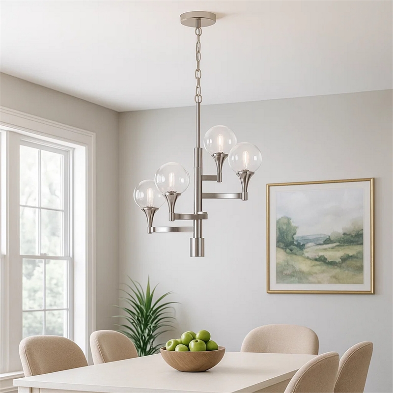 Benjara Chandelier with 4 Globe Glass Shades and Cone Design Holders- Chrome