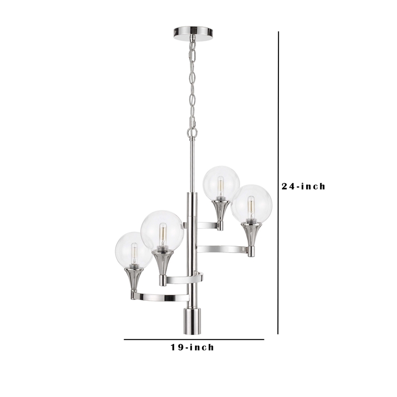 Benjara Chandelier with 4 Globe Glass Shades and Cone Design Holders- Chrome