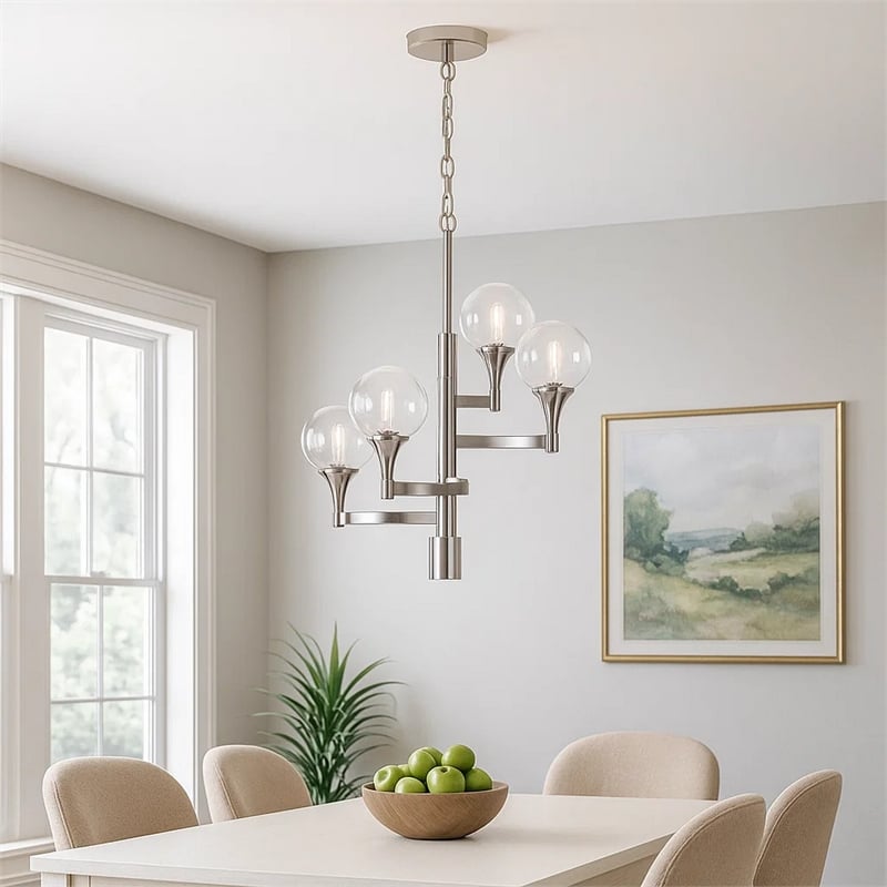 Benjara Chandelier with 4 Globe Glass Shades and Cone Design Holders- Chrome
