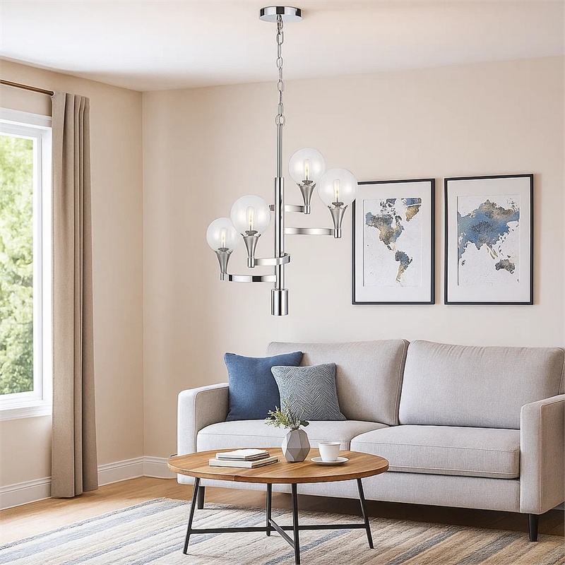 Benjara Chandelier with 4 Globe Glass Shades and Cone Design Holders- Chrome