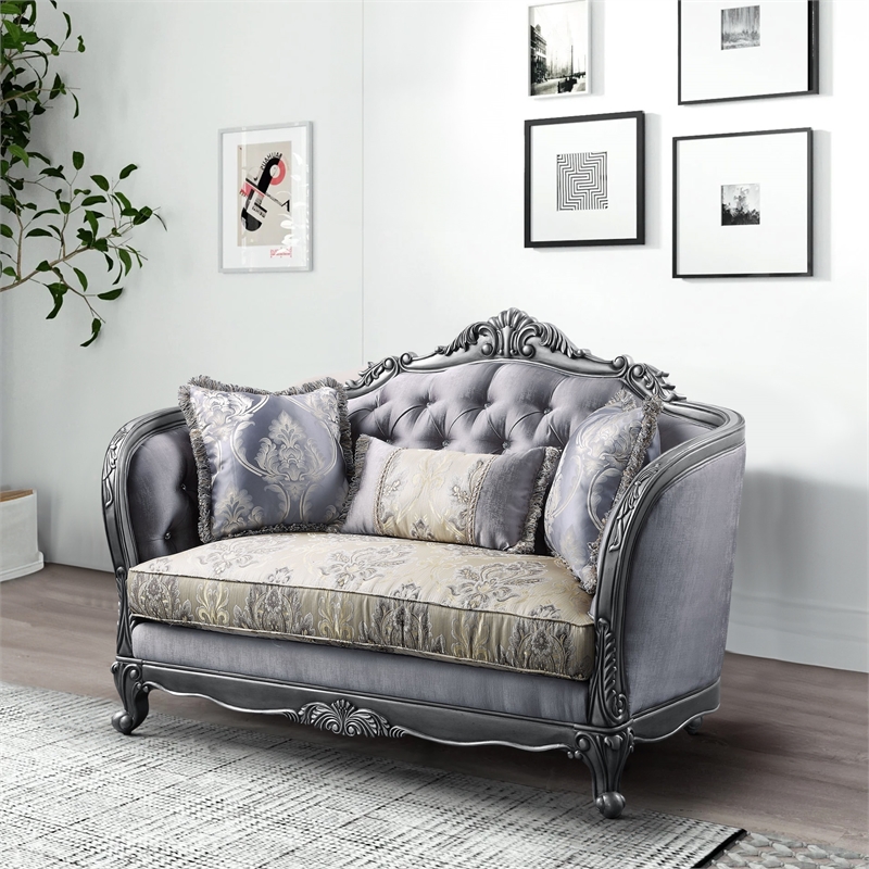 Benjara Loveseat with Scrolled Molded Frame and Queen Anne Legs- Gray