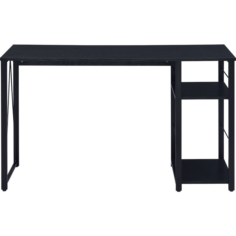 Benjara Writing Desk with 2 Tier Side Shelves and Tubular Metal Legs- Black