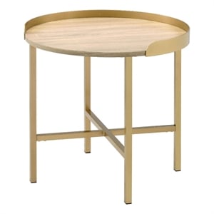 Benjara Kai 22&quot Wood End Table- Round Tray Top- Metal Accent- Brown- Brass